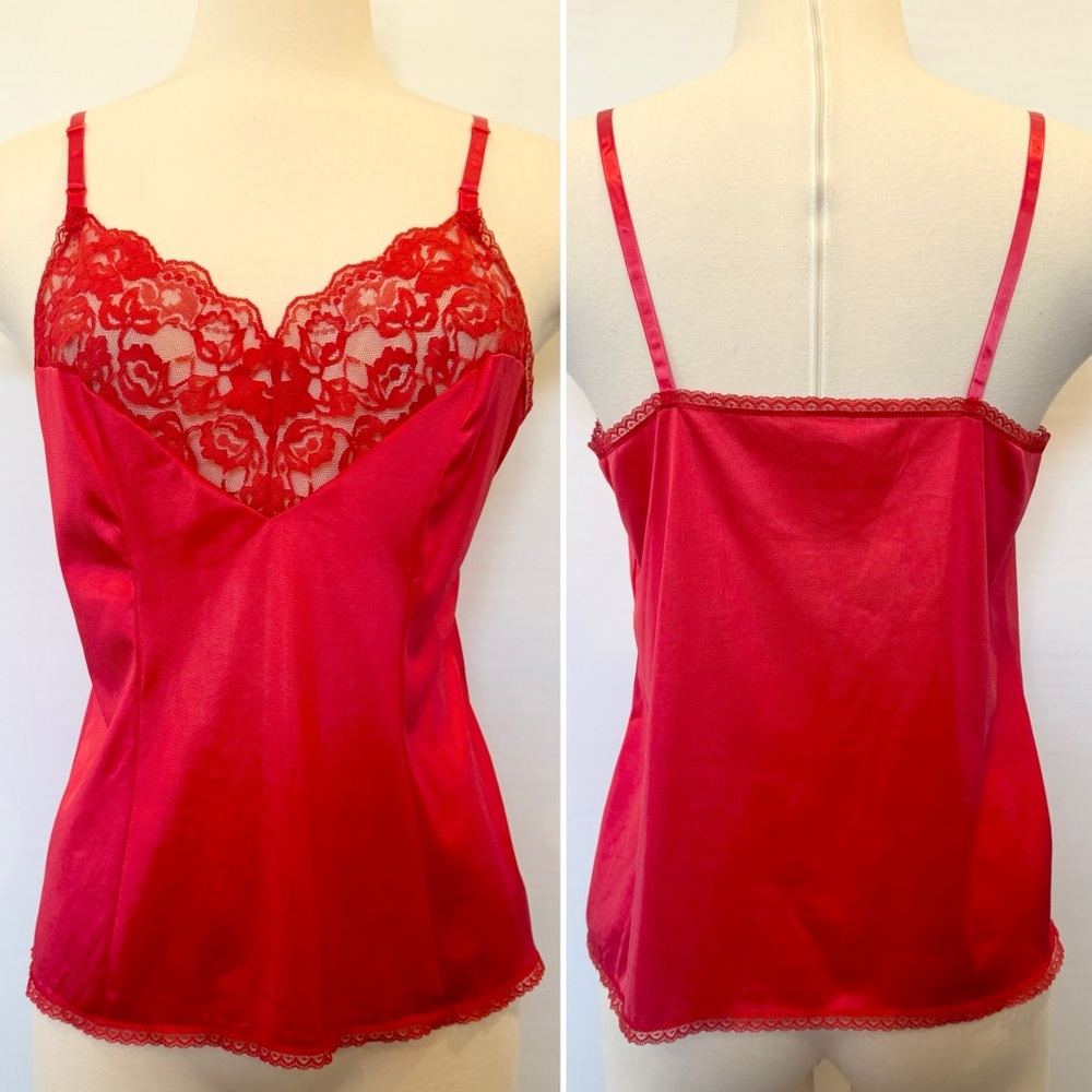Vintage Silky Nylon Lace Chevron Cherry Red Vassarette Camisole Tank Top L🔥